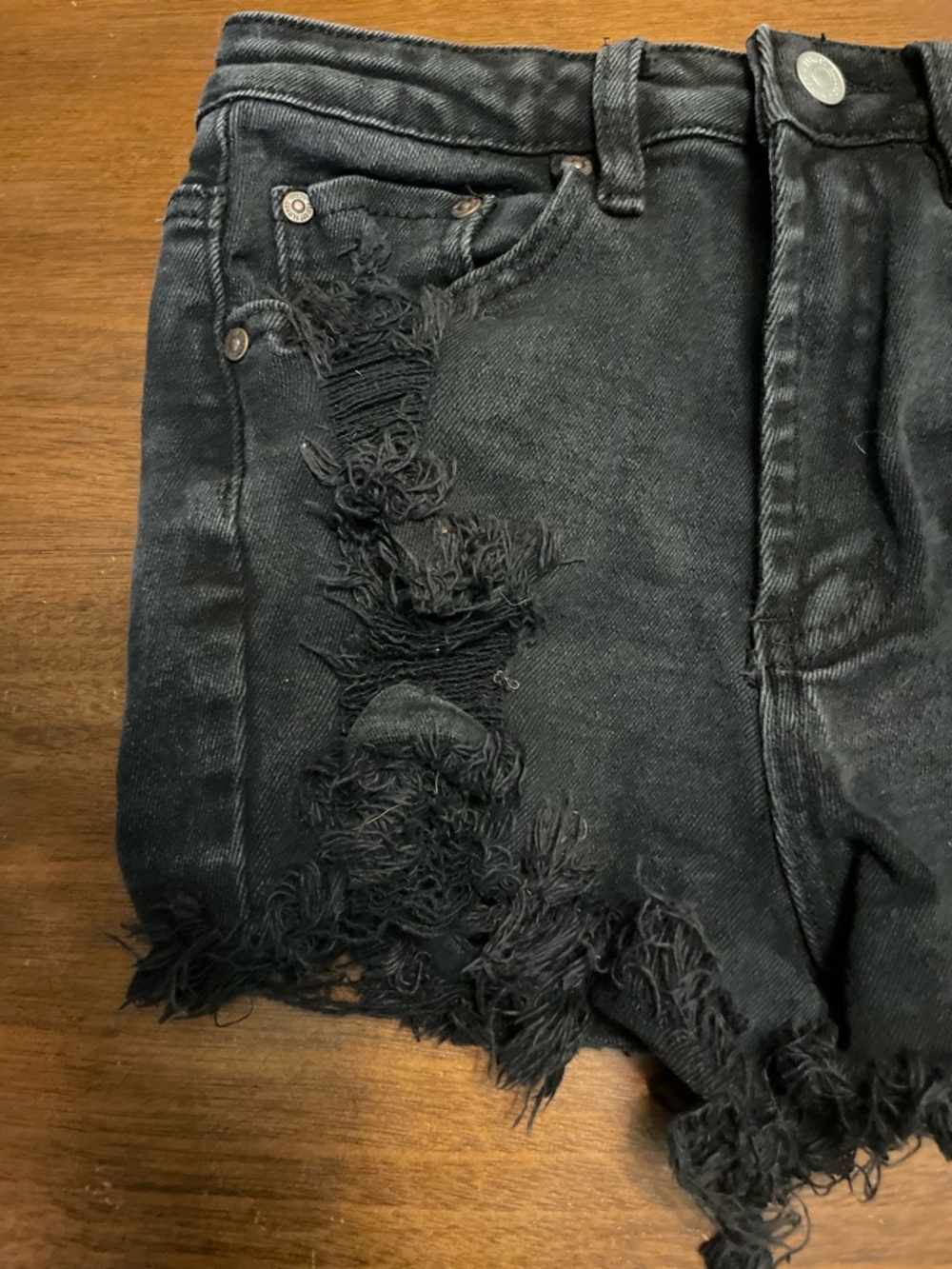 Almost Famous Black Distressed Denim Shorts Size 3 Raw Hem - Picture 2 of 7